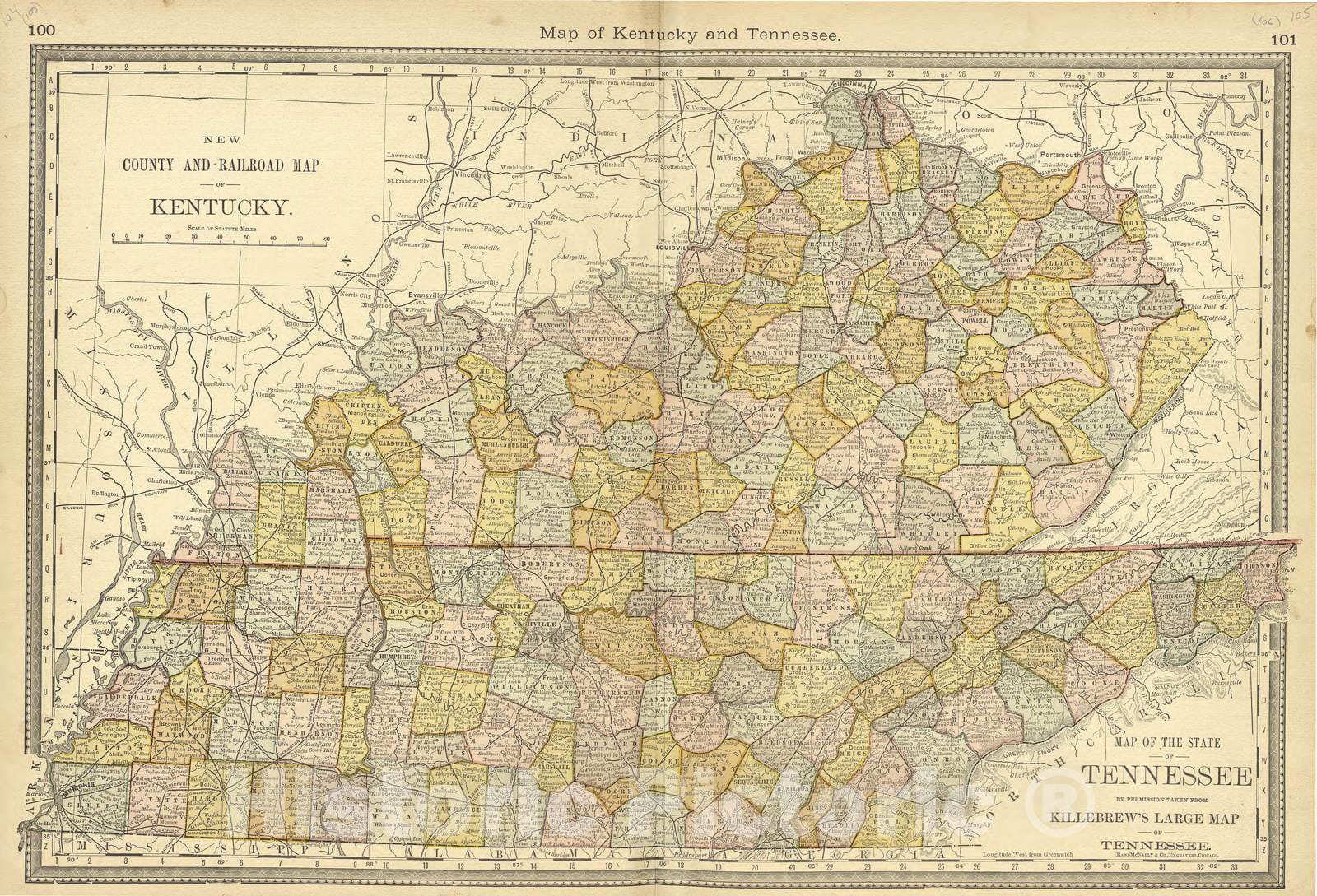 Historic 1881 Map - Historical Hand-Atlas, Illustrated - Map of Kentucky and Tennessee - Historical Hand Atlas, Illustrated, General & Local
