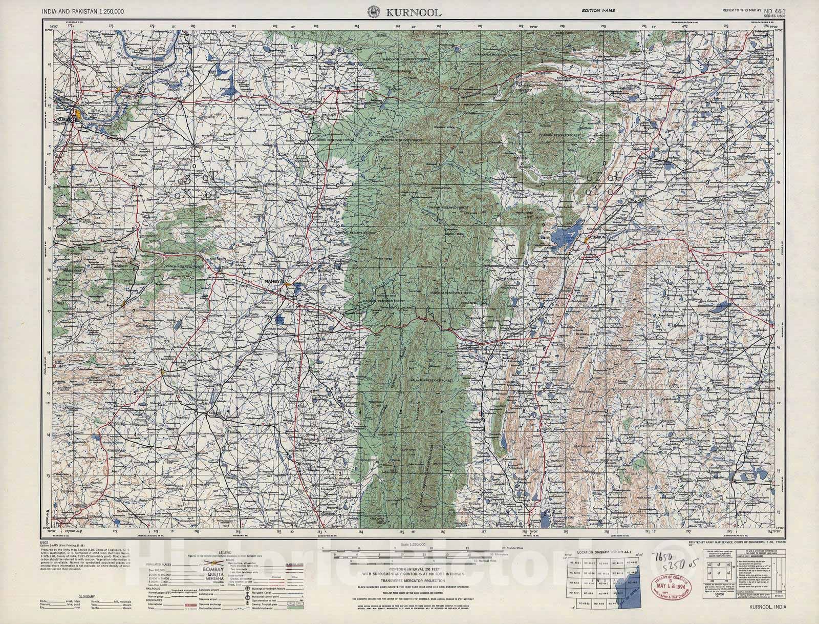 Historic 1955 Map - India and Pakistan 1:250,000. - Kurnool, 1956