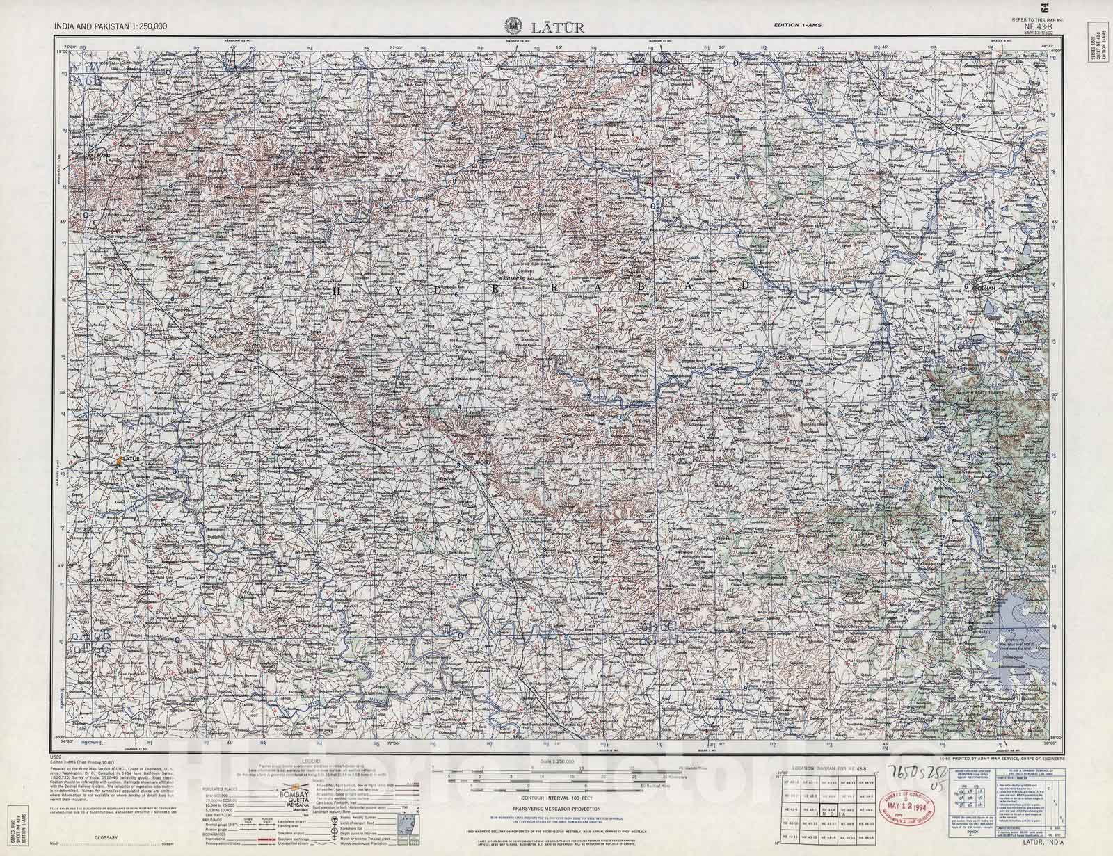 Historic 1955 Map - India and Pakistan 1:250,000. - Latur, 1961