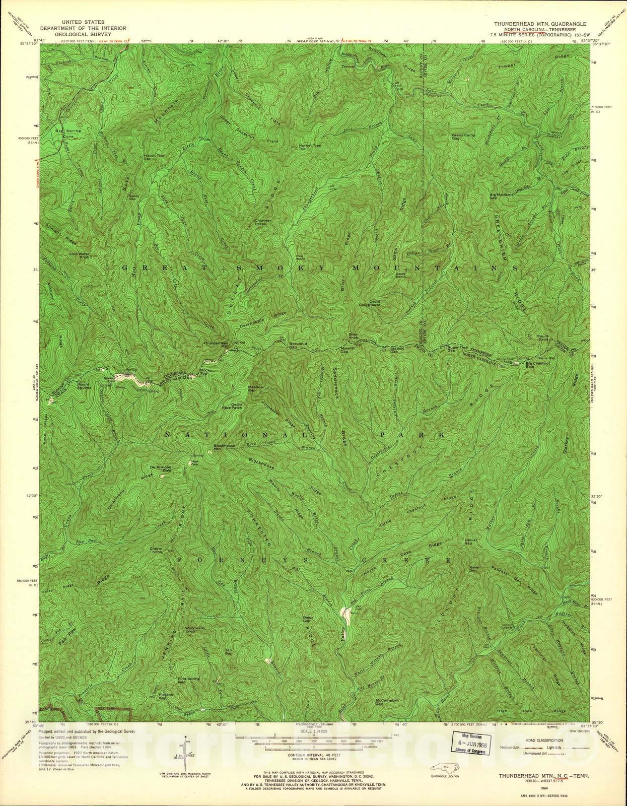Historic 1935 Map - North Carolina. - Scale 1:24,000 (1964) - Thunderhead Mountain