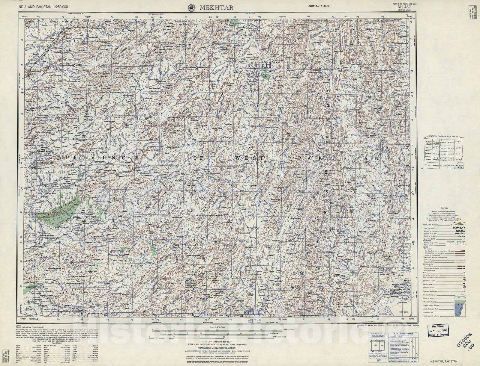 Historic 1955 Map - India and Pakistan 1:250,000. - Mekhtar, Pakistan 1959