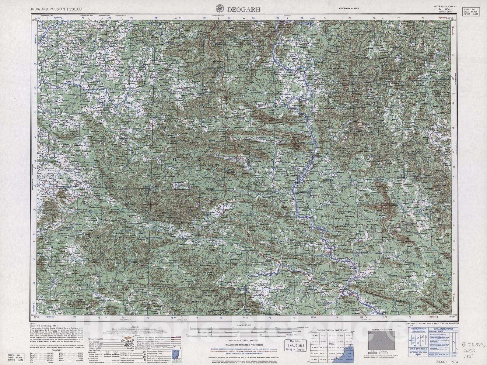 Historic 1955 Map - India and Pakistan 1:250,000. - Deogarh, 1962