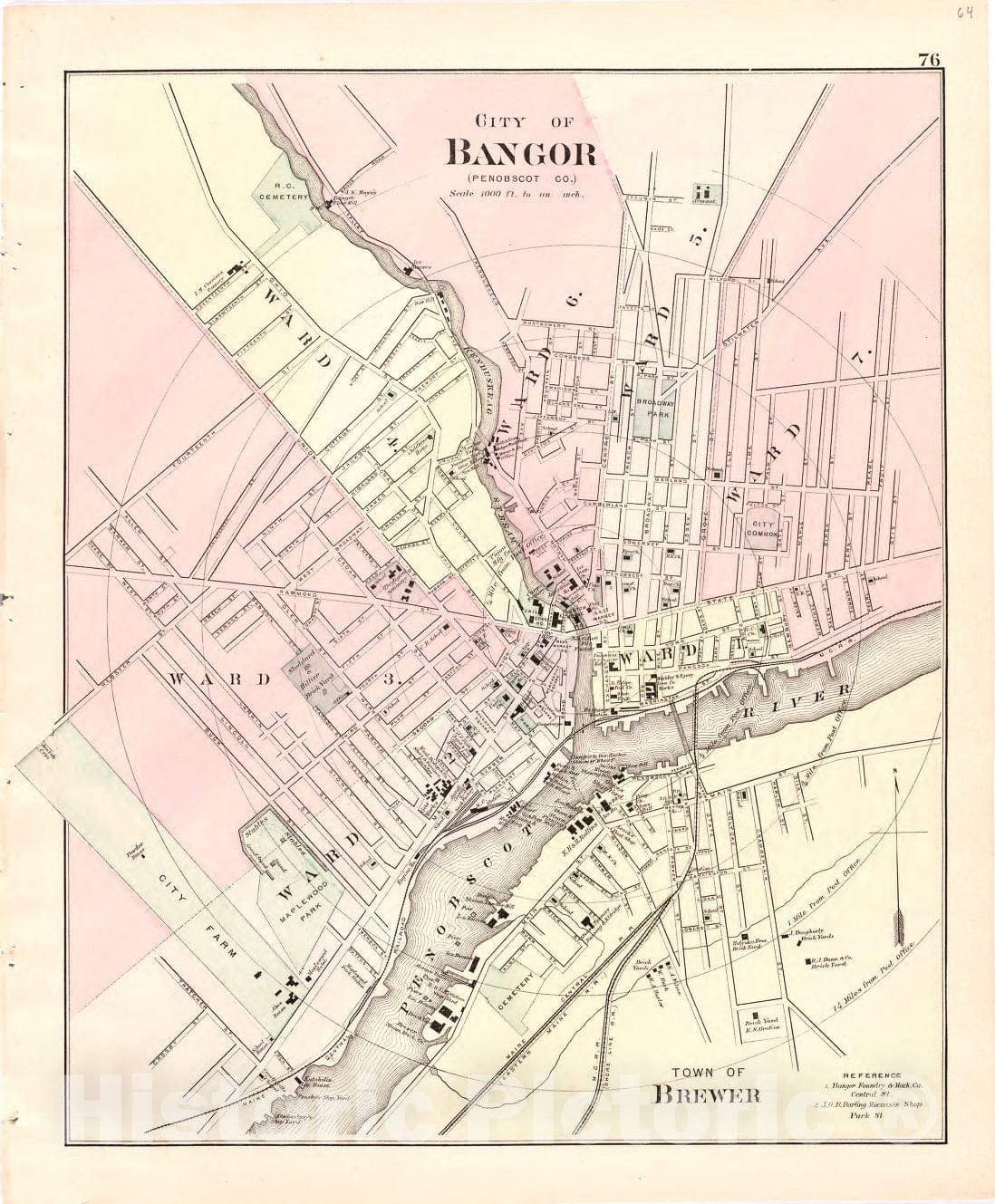 Historic 1887 Map - Colby's Atlas of The State of Maine - City of Bangor