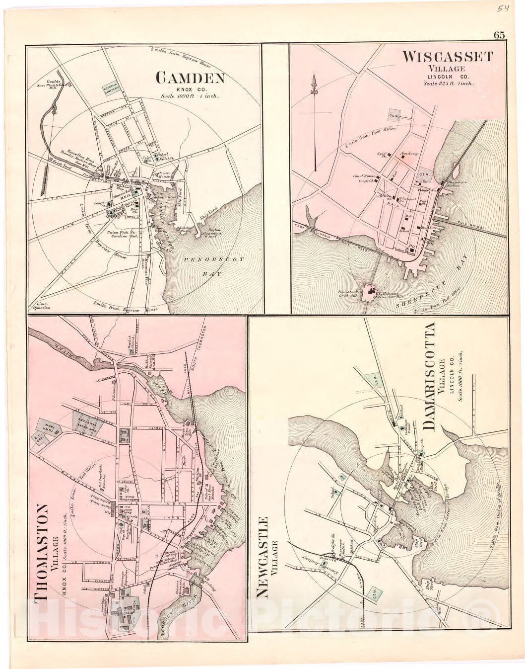 Historic 1887 Map - Colby's Atlas of The State of Maine - Camden; Wiscasset; Thomaston Village; Newcastle Village; Damariscotta Village