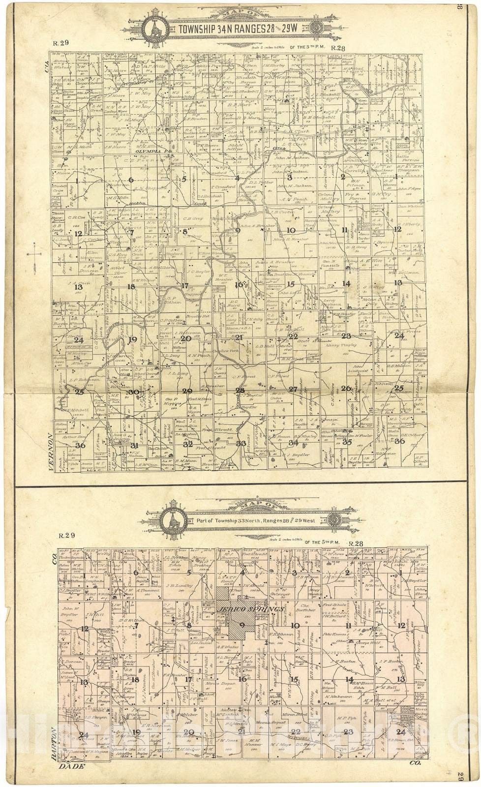 Historic 1908 Map - Standard Atlas of Cedar County, Missouri - Map of Township 34 N Range 27 W