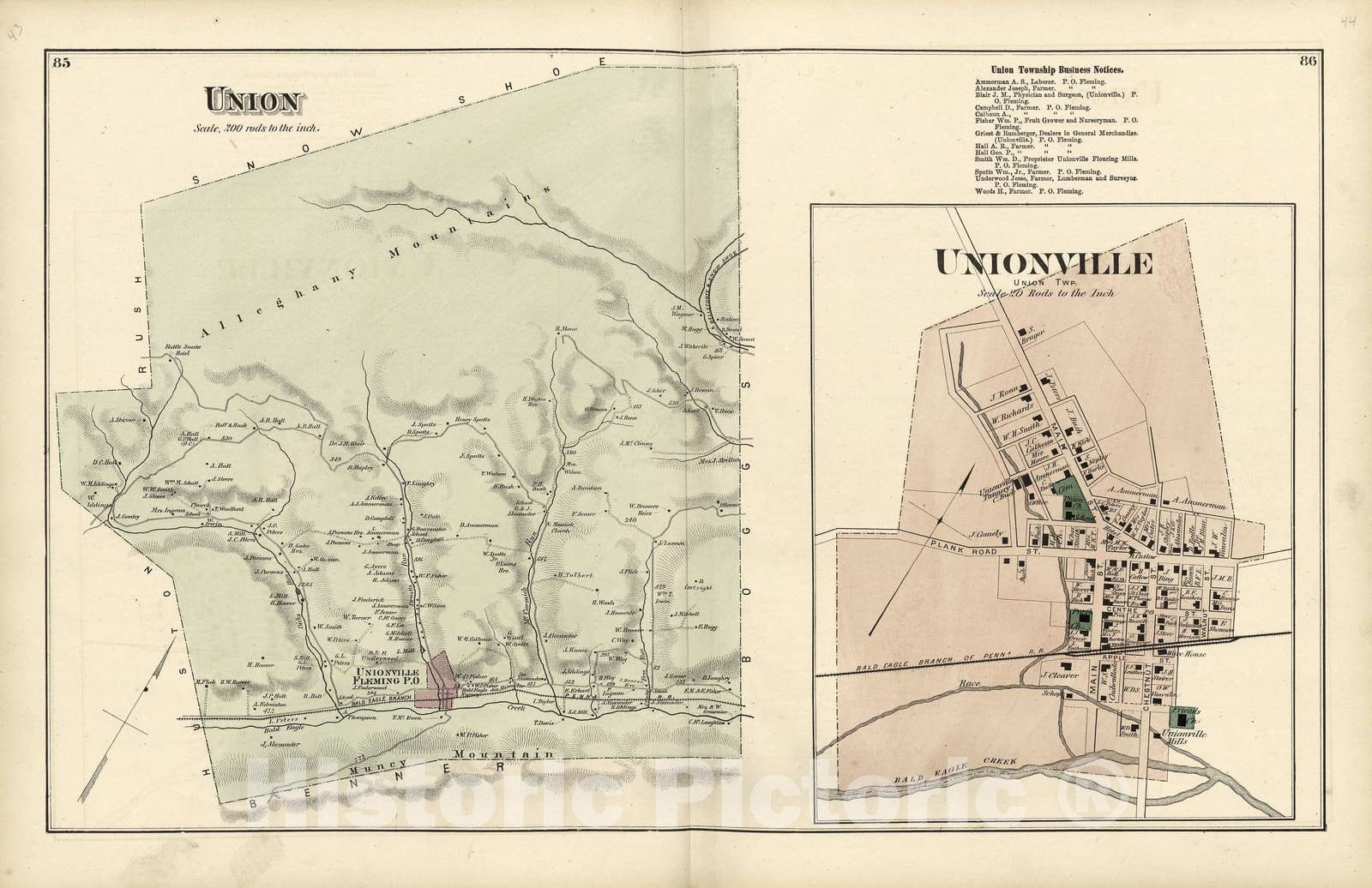 Historic 1874 Map - Atlas of Centre County, Pennsylvania - Union; Unionville