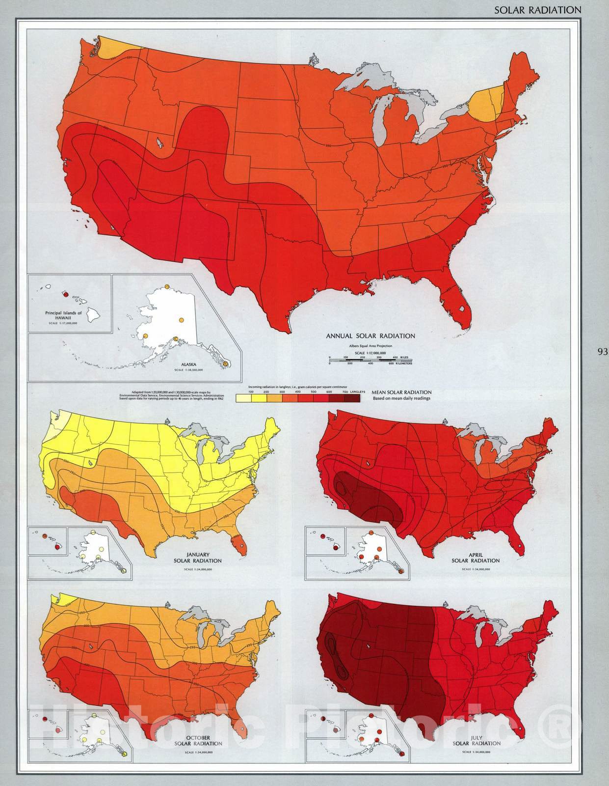 Historic 1970 Map - The National Atlas of The United States of America. - Solar Radiation