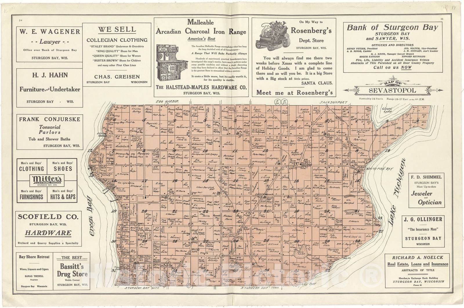 Historic 1914 Map - Atlas of Door County, Wisconsin - Map of Sevastopol