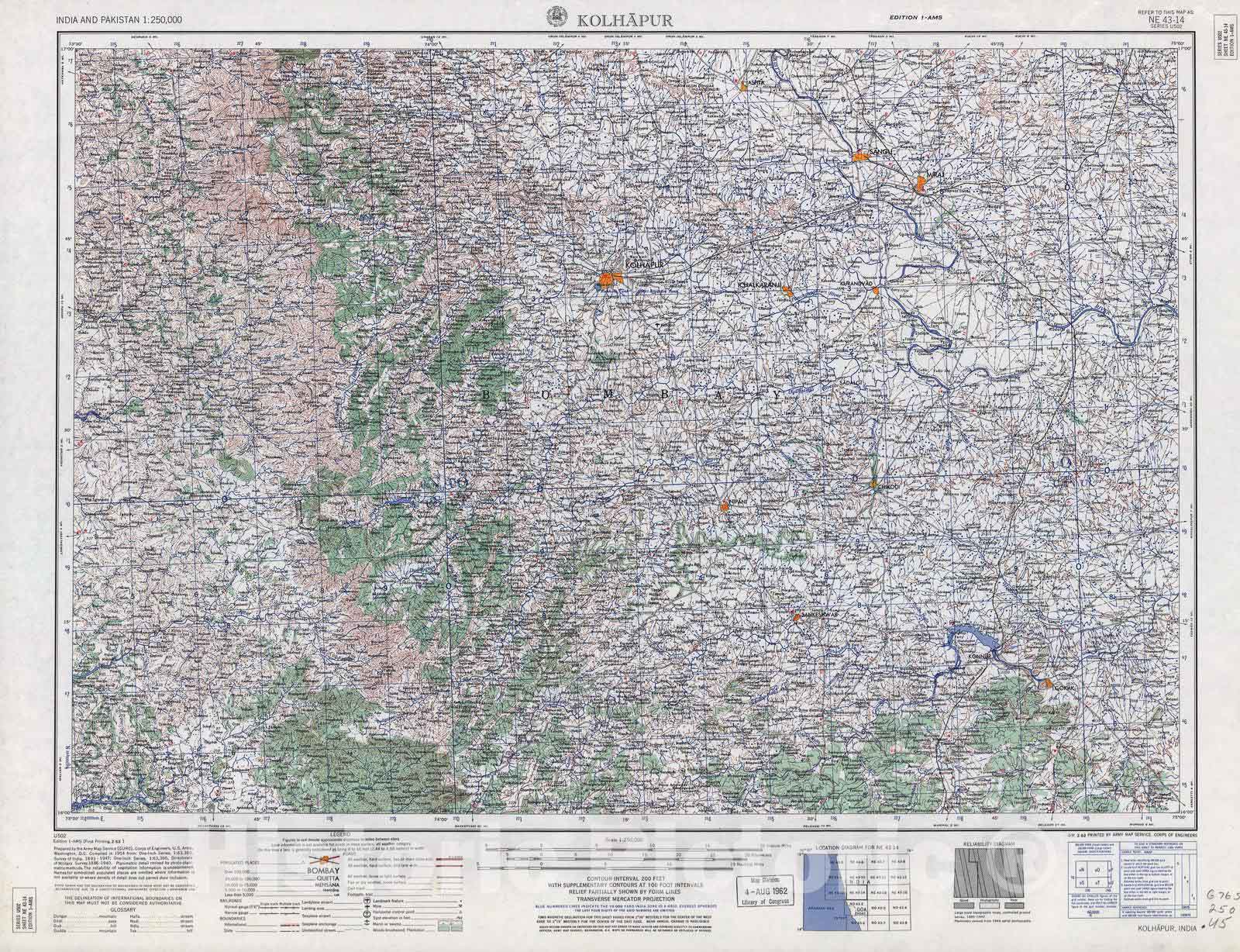 Historic 1955 Map - India and Pakistan 1:250,000. - Kolhapur, 1962