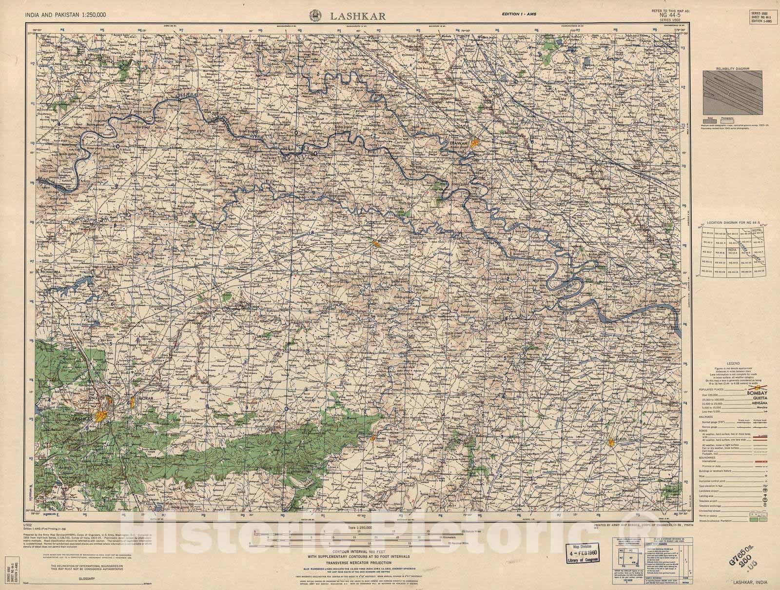 Historic 1955 Map - India and Pakistan 1:250,000. - Lashkar, India 1959