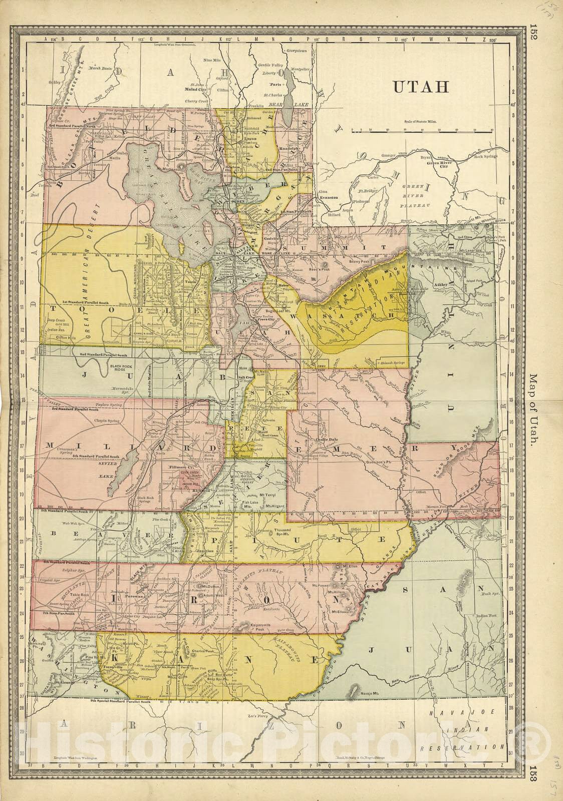 Historic 1881 Map - Historical Hand-Atlas, Illustrated - Map of Utah - Historical Hand Atlas, Illustrated, General & Local