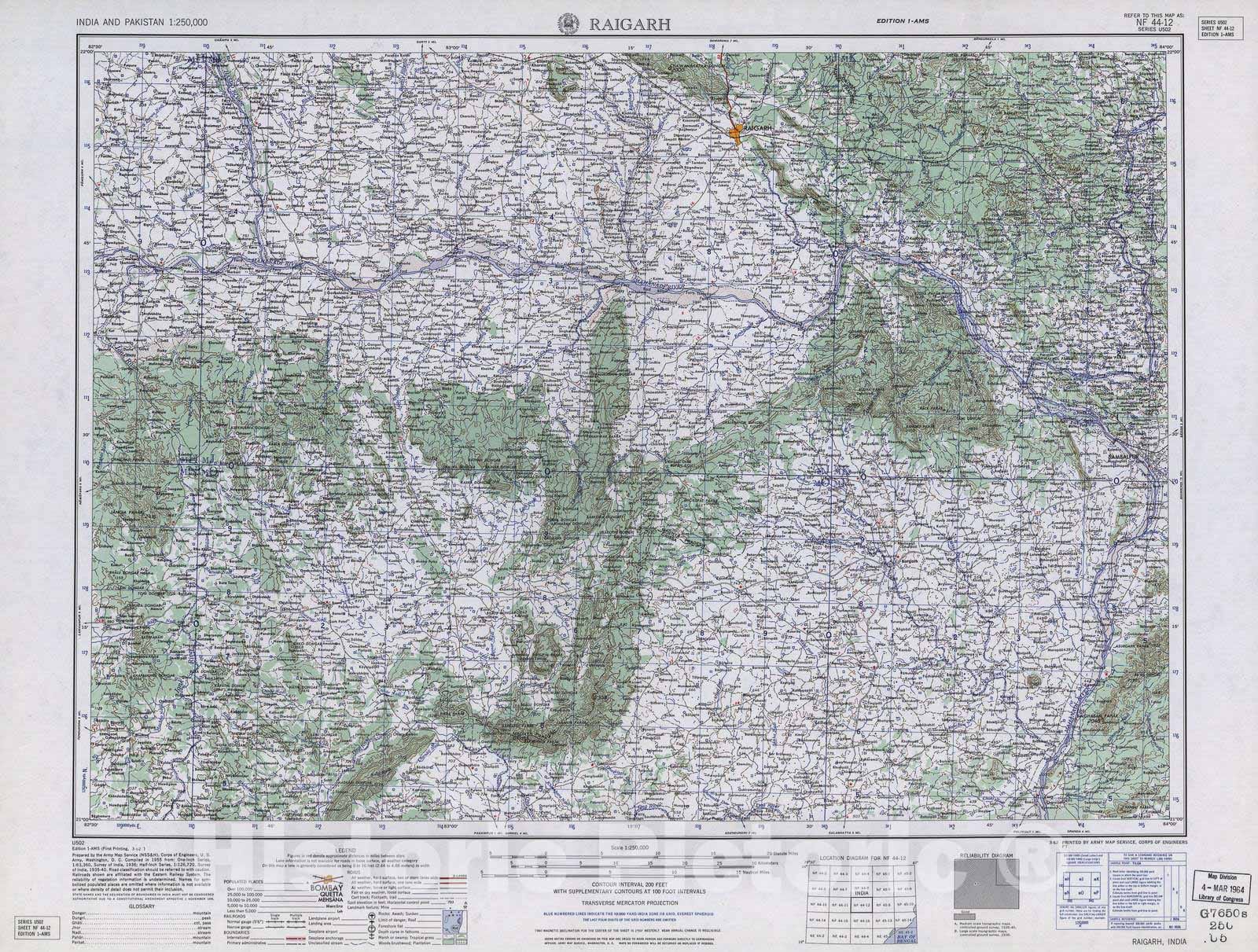 Historic 1955 Map - India and Pakistan 1:250,000. - Raigarh, 1962