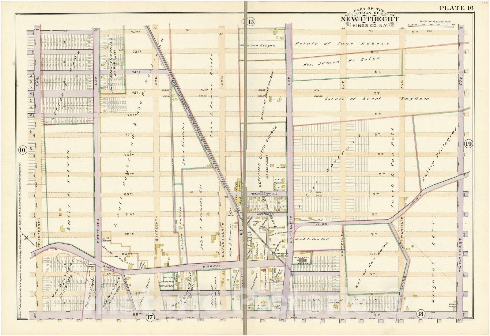 Historic 1890 Map - Robinson's Atlas of Kings County, New York - Plate 16 - Part of The Town of New Utrecht, Kings Co, N.Y.