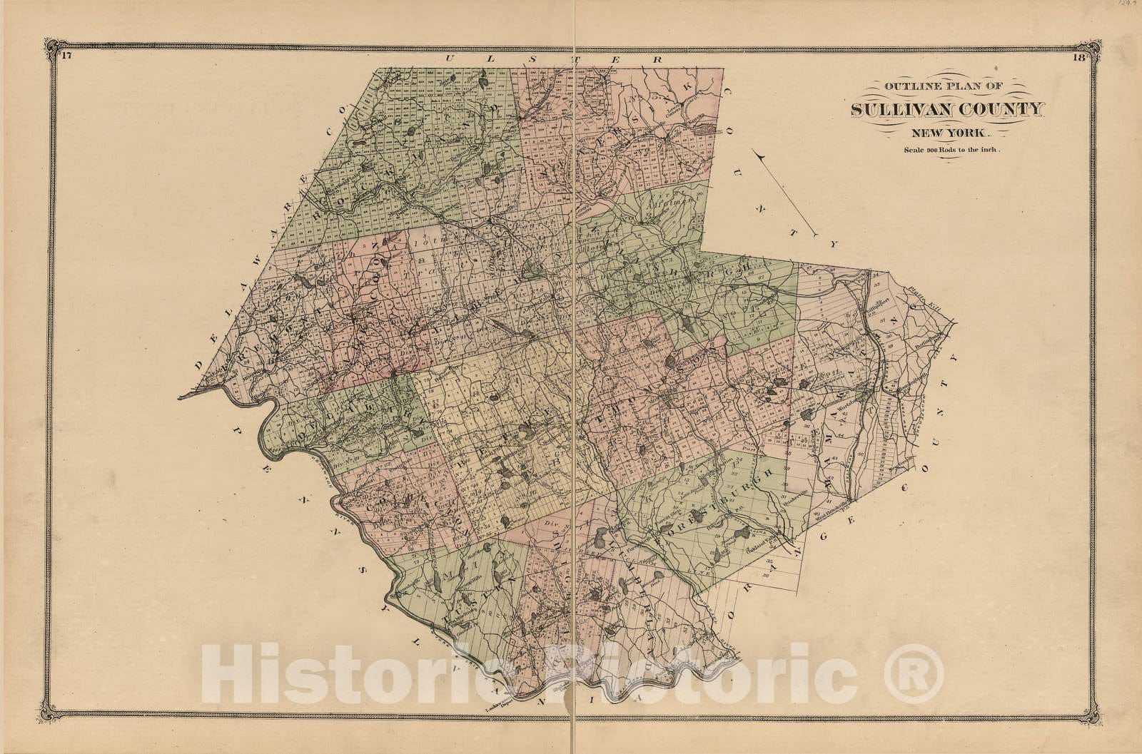 Historic 1875 Map - County Atlas of Sullivan, New York - Outline Plan of Sullivan County, New York