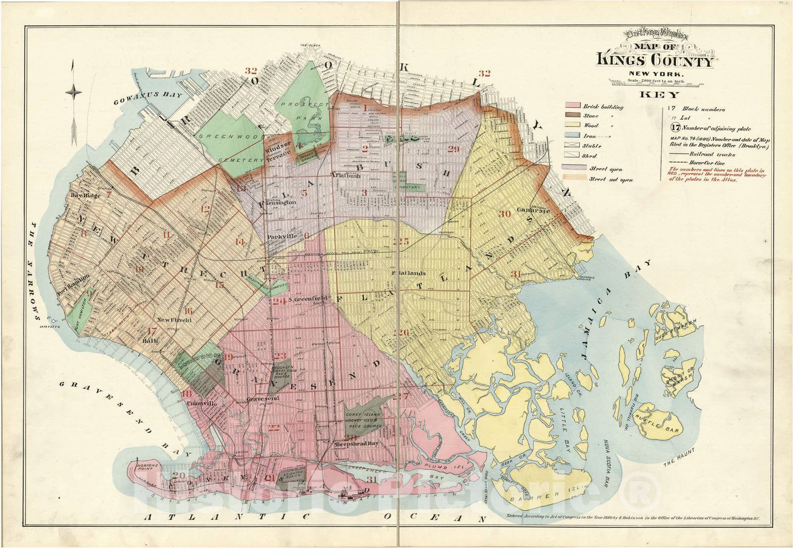 Historic 1890 Map - Robinson's Atlas of Kings County, New York - Outline & Index Map of Kings County, New York