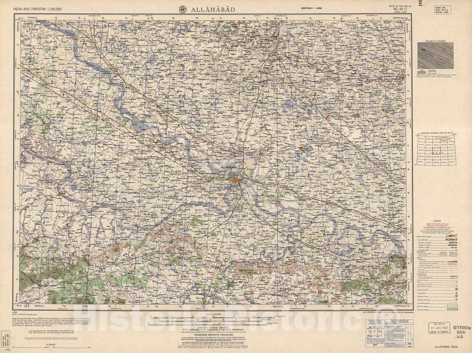 Historic 1955 Map - India and Pakistan 1:250,000. - Allahabad, India 1961