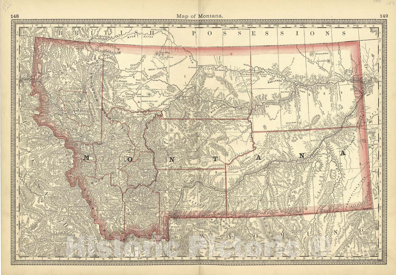 Historic 1881 Map - Historical Hand-Atlas, Illustrated - Map of Montana - Historical Hand Atlas, Illustrated, General & Local