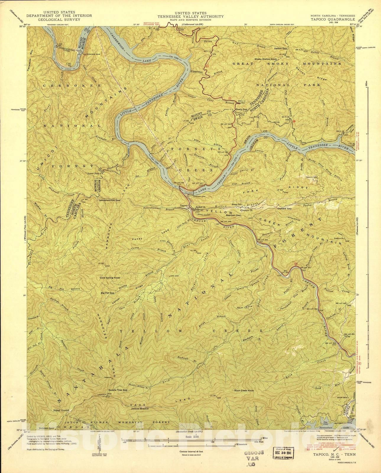 Historic 1935 Map - North Carolina. - Scale 1:24,000 (1941) -Tapoco