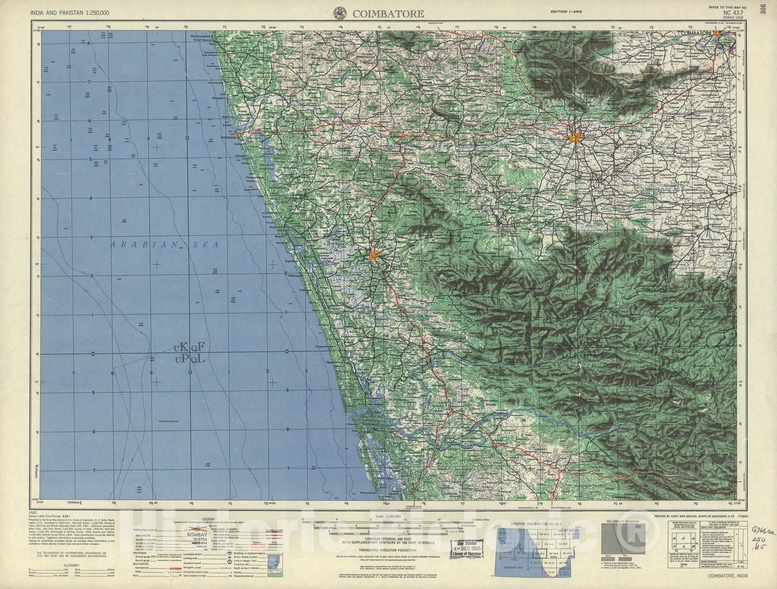 Historic 1955 Map - India and Pakistan 1:250,000. - Coimbatore, 1955