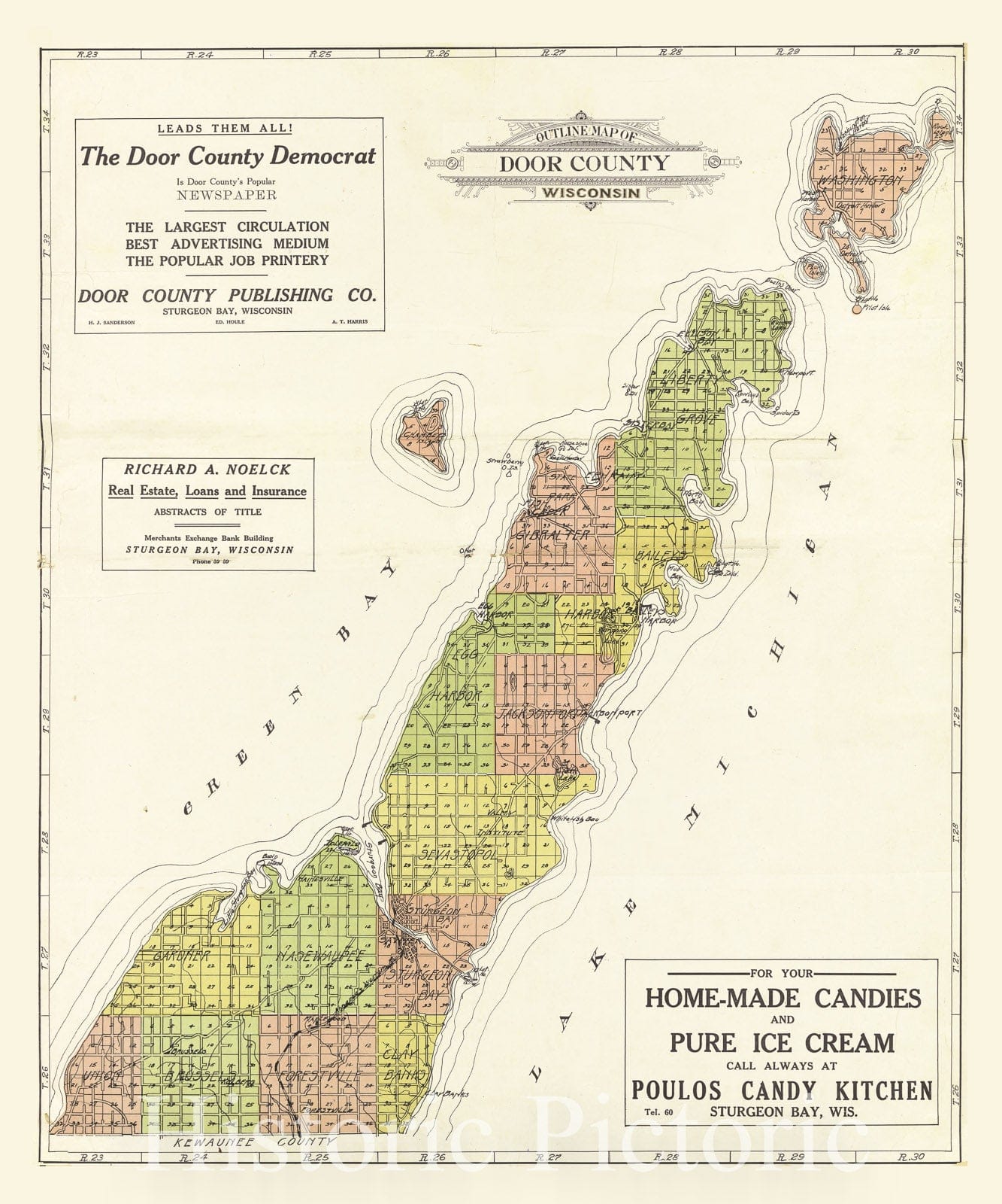 Historic 1914 Map - Atlas of Door County, Wisconsin - Outline Map of Door County, Wisconsin