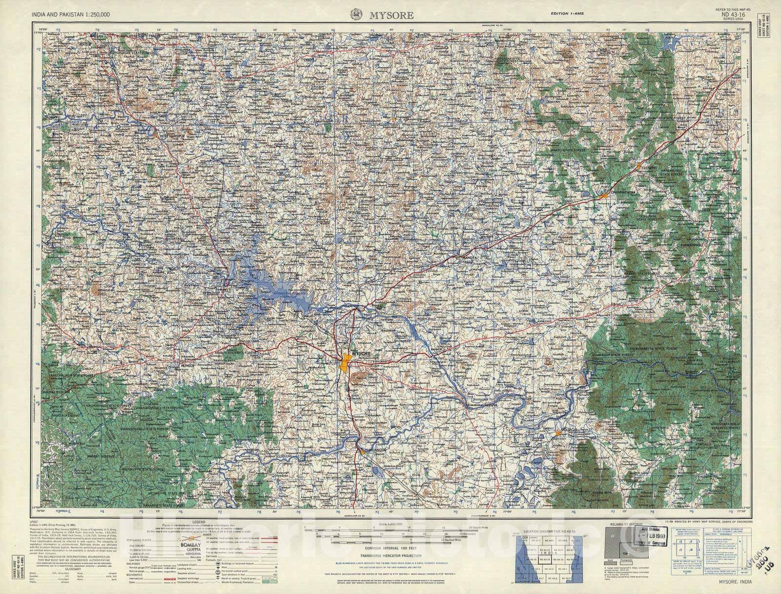 Historic 1955 Map - India and Pakistan 1:250,000. - Mysore, 1959