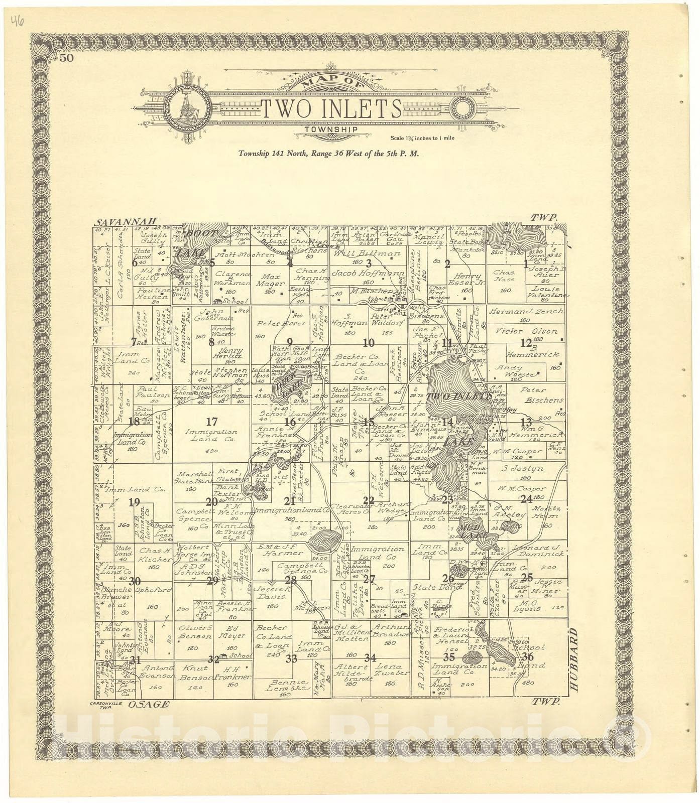 Historic 1929 Map - Standard Atlas of Becker County, Minnesota - Map of Two Inlets Township