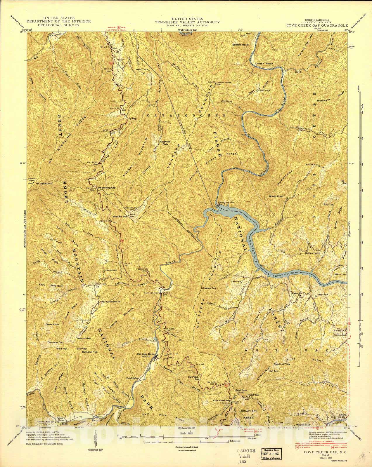 Historic 1935 Map - North Carolina. - Scale 1:24,000 (1942) - Cove Creek