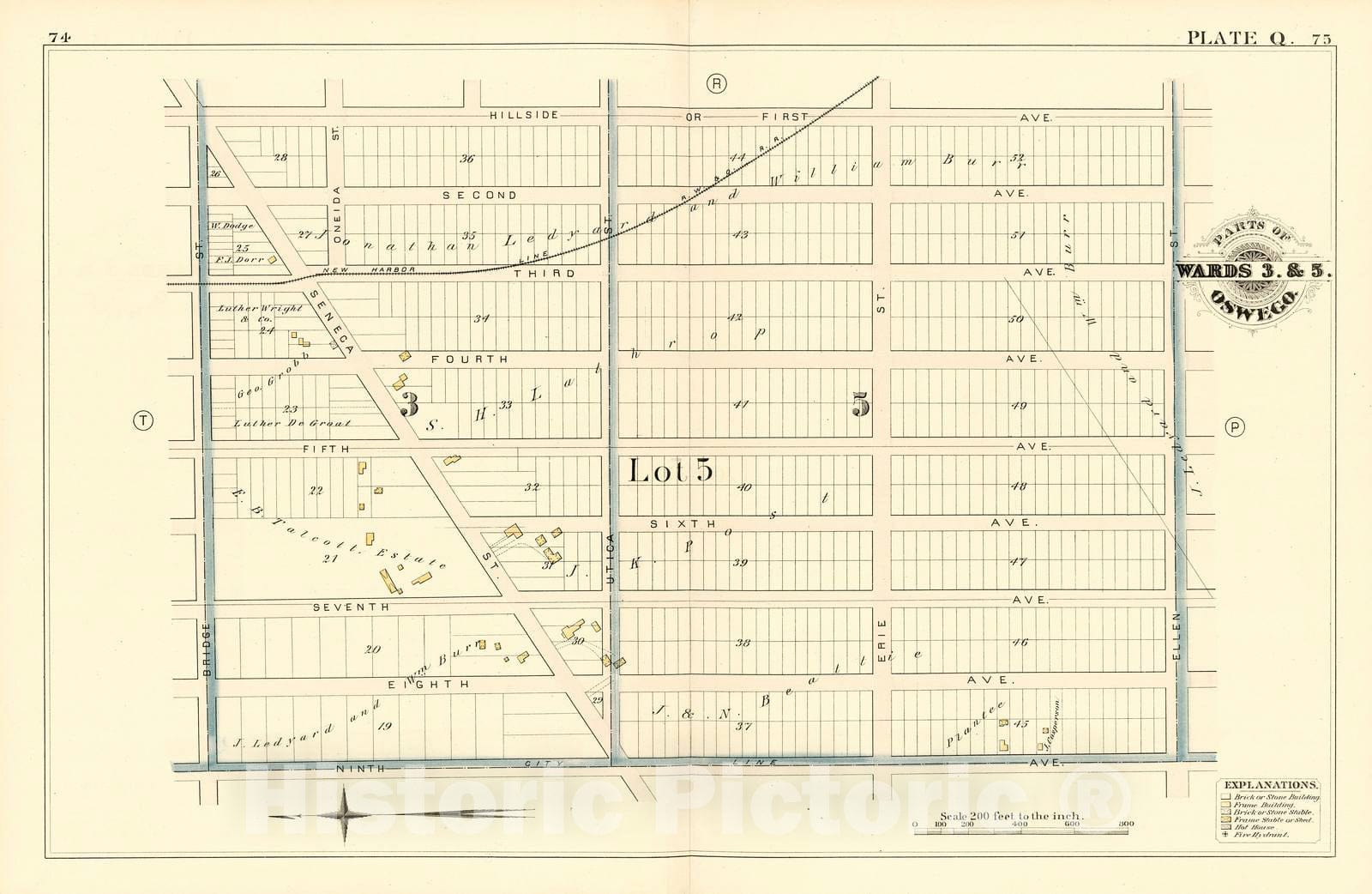 Historic 1880 Map - City Atlas of Oswego, New York - Parts of Wards 3. & 5. Oswego. Plate Q. - Atlas of The City of Oswego N.Y.