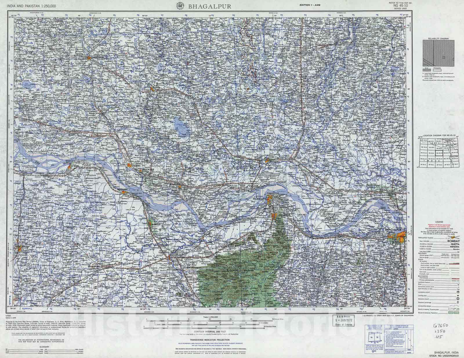 Historic 1955 Map - India and Pakistan 1:250,000. - Bhagalpur, India 1964