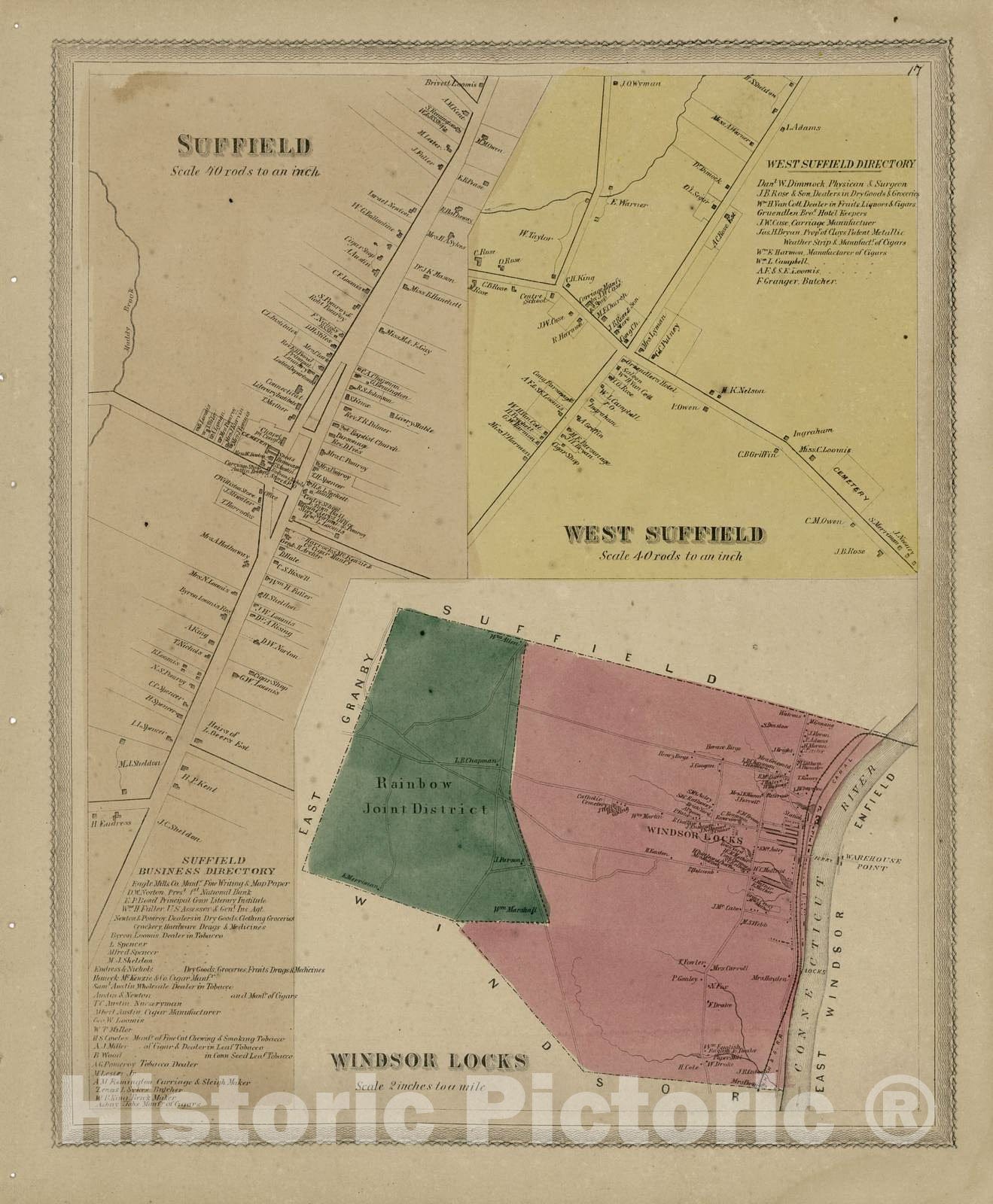 Historic 1869 Map - Atlas of Hartford and Tolland Counties - Suffield; West Suffield; Windsor Locks - Atlas of Hartford and Tolland Counties, Conn.