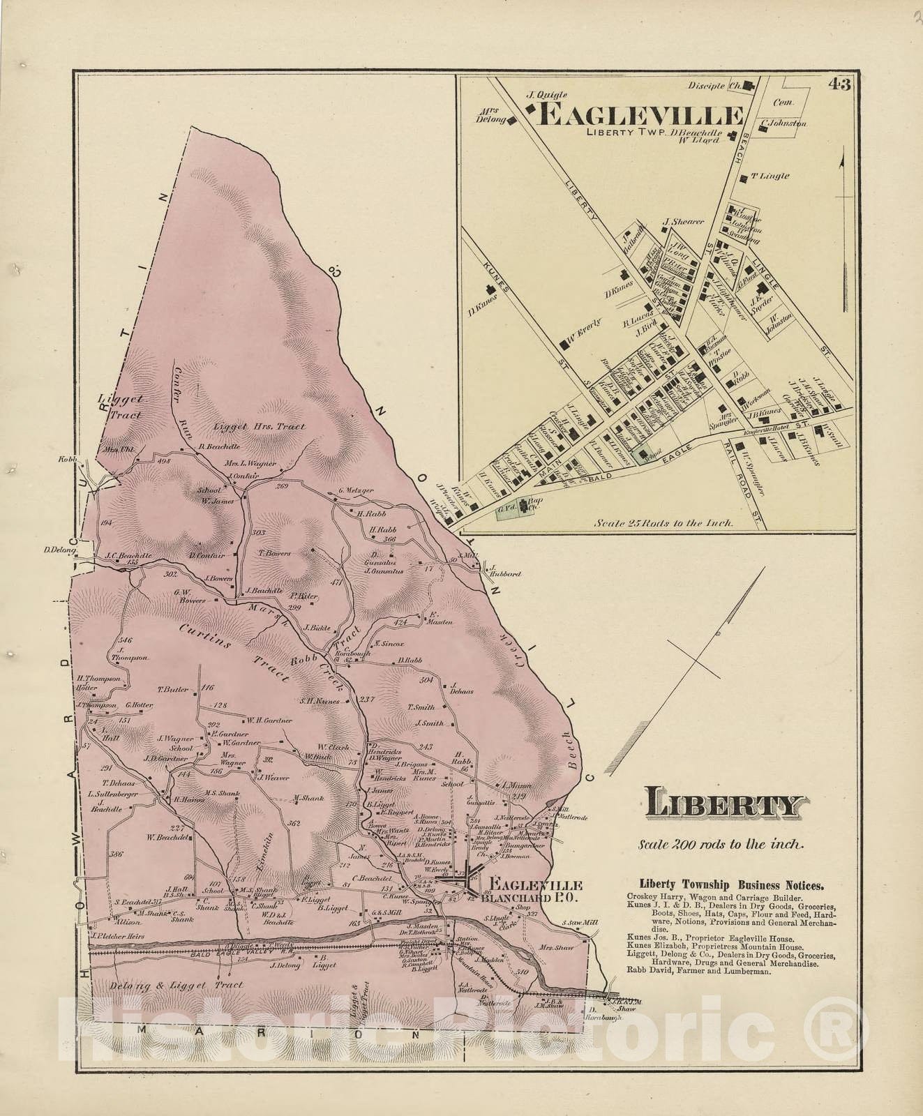Historic 1874 Map - Atlas of Centre County, Pennsylvania - Liberty; Eagleville