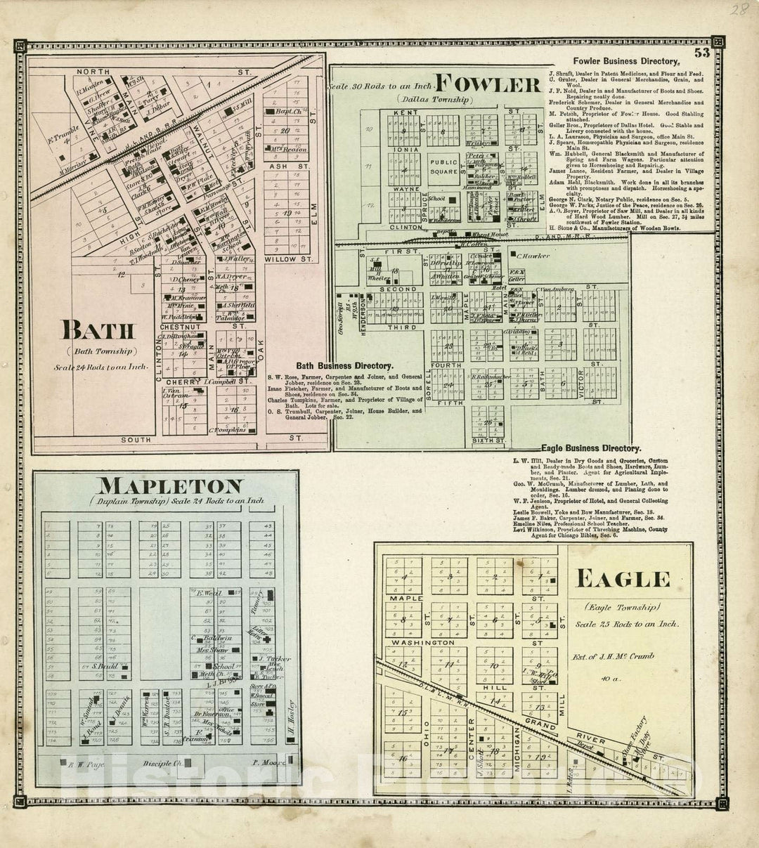 Historic 1873 Map - Atlas of Clinton County, Michigan - Bath; Fowler; Mapleton; Eagle