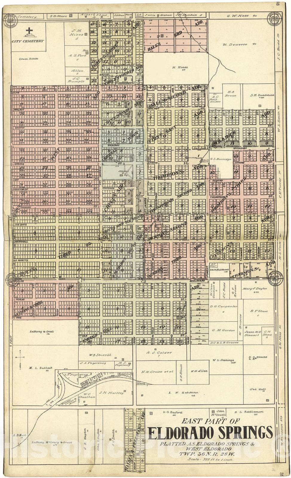Historic 1908 Map - Standard Atlas of Cedar County, Missouri - East Part of Eldorado Springs