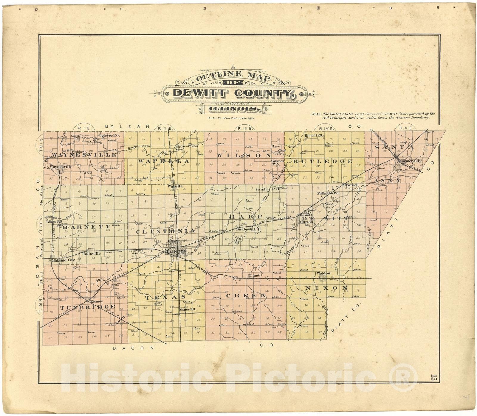 Historic 1894 Map - Plat Book of De WITT County, Illinois - Outline Map of Dewitt County, Illinois