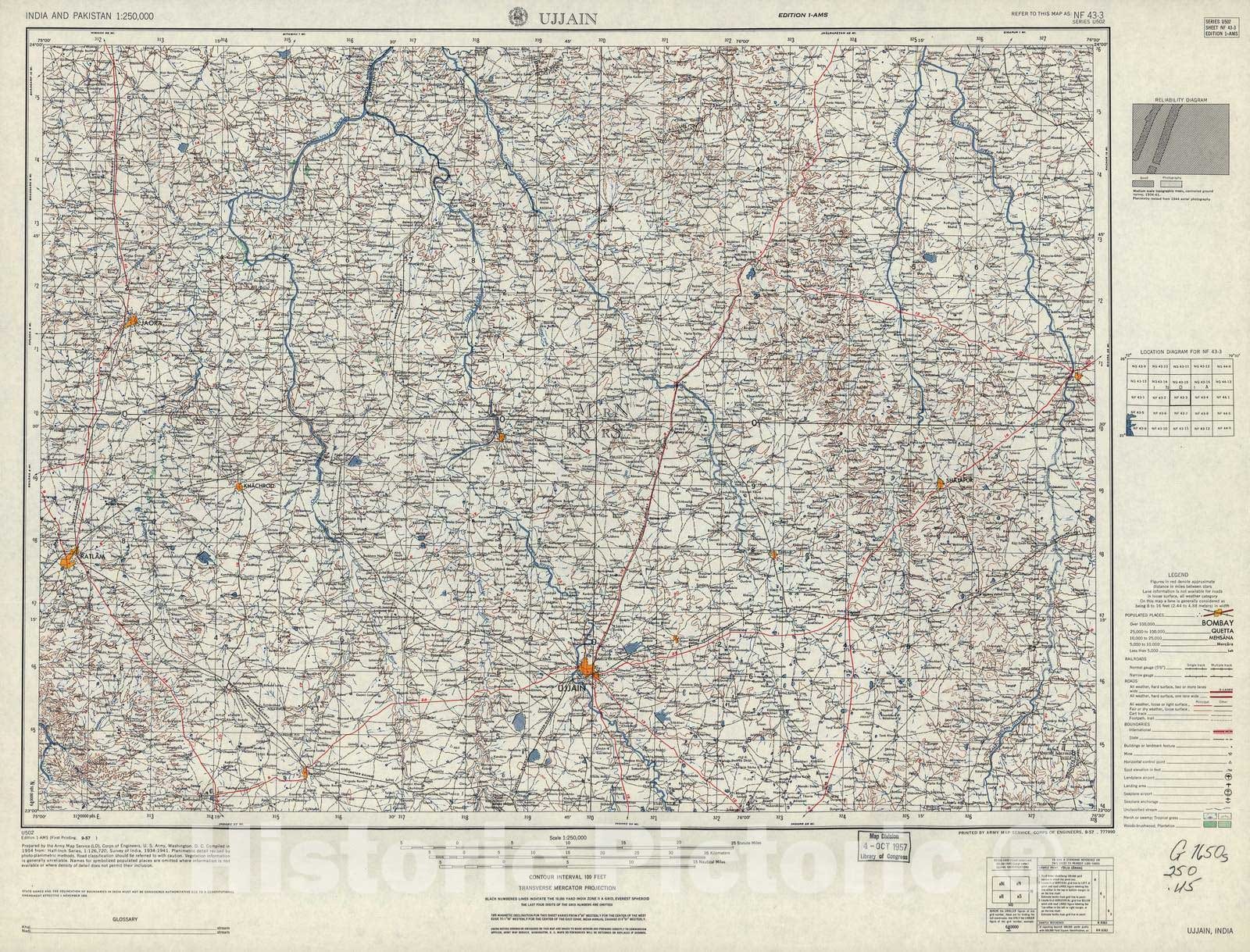 Historic 1955 Map - India and Pakistan 1:250,000. - Ujjain, 1957