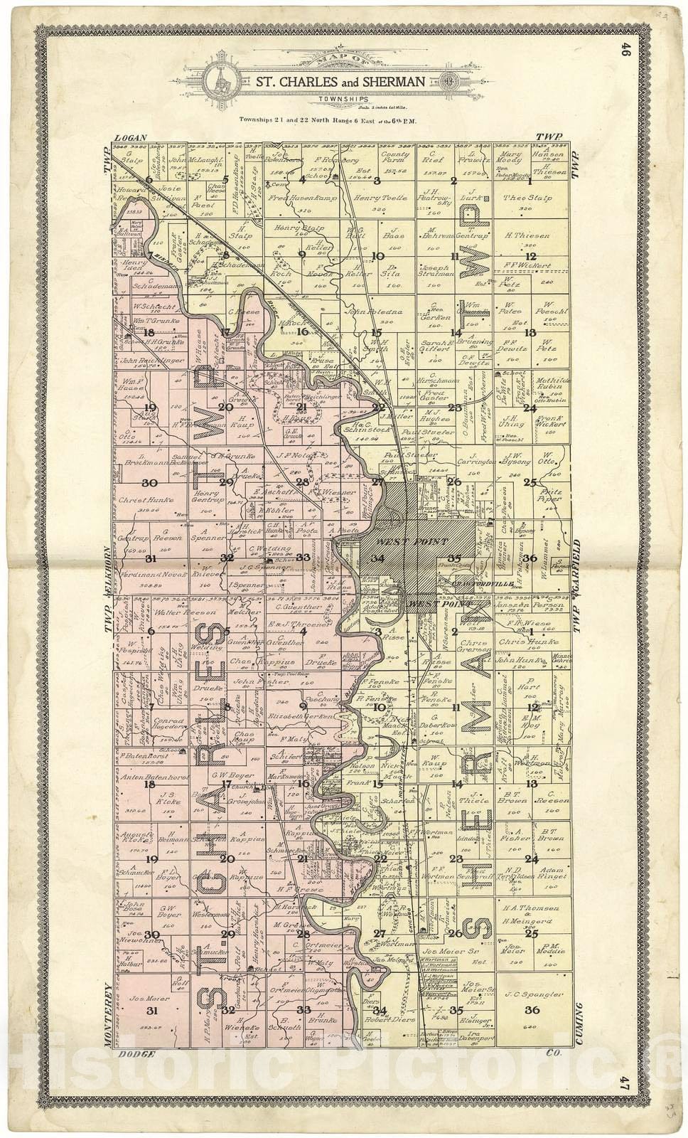 Historic 1908 Map - Standard Atlas of Cuming County, Nebraska - Map of St. Charles and Sherman Township