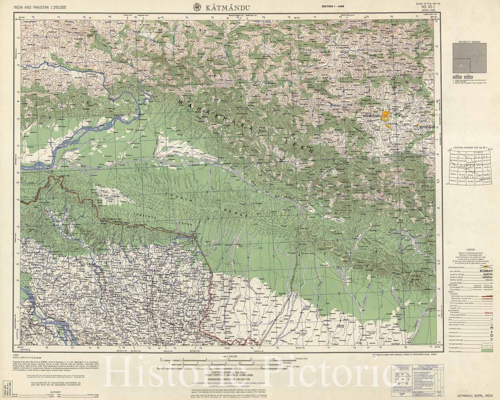 Historic 1955 Map - India and Pakistan 1:250,000. - Katmandu, Nepal, India 1959