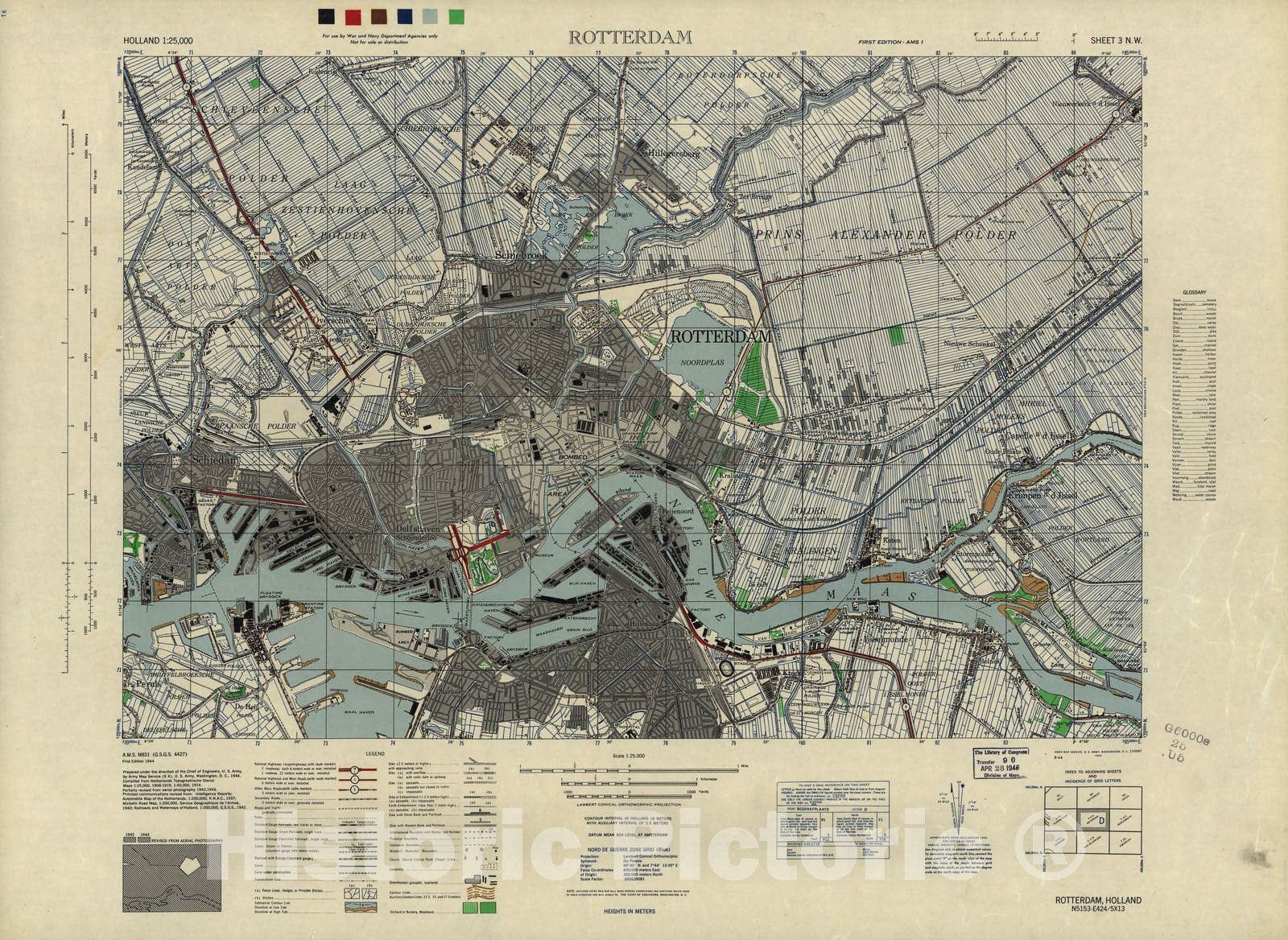 Historic 1943 Map - Holland 1:25,000 - Rotterdam, Holland - A.M.S. M831