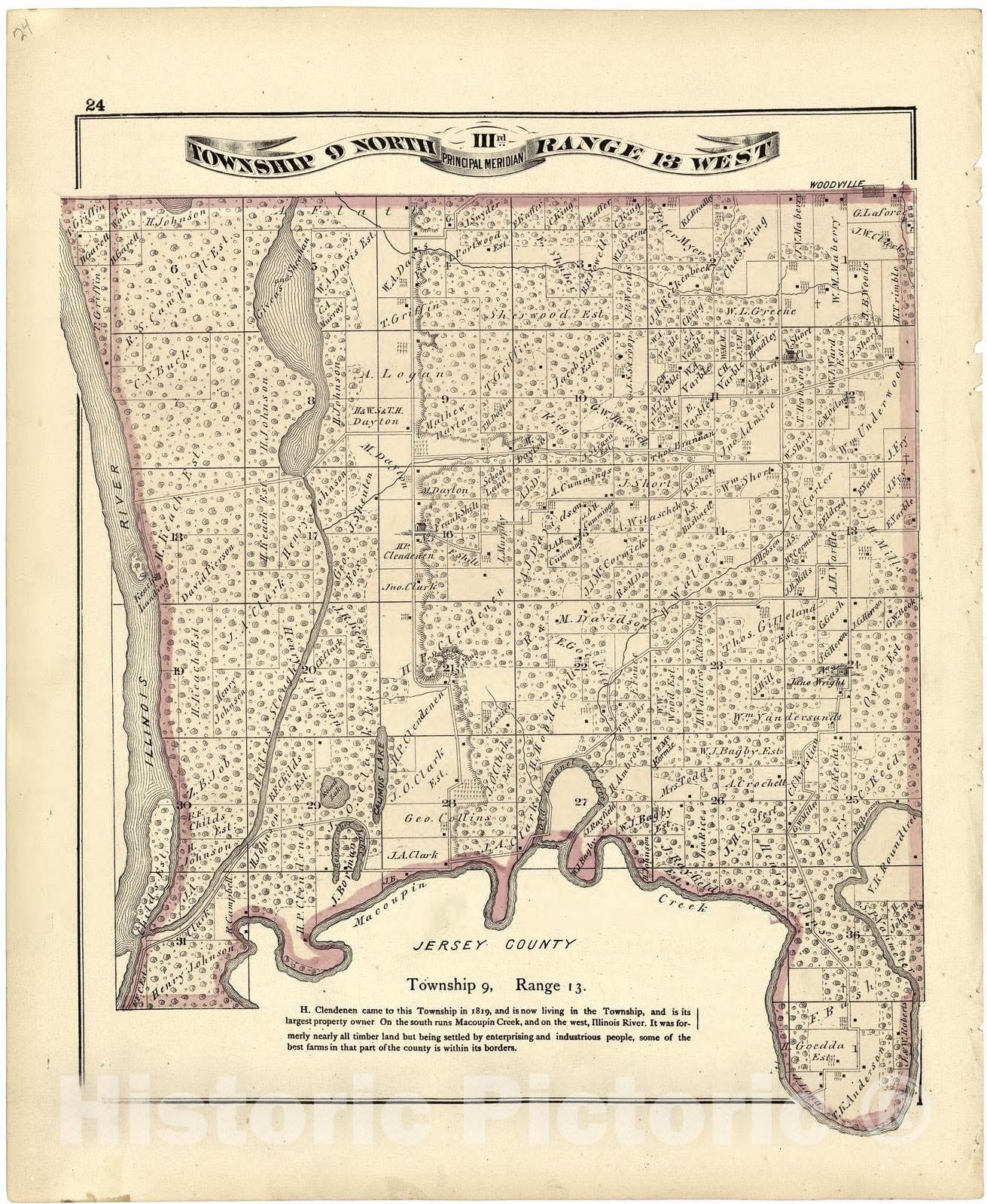 Historic 1873 Map - Atlas map of Greene County, Illinois - Township 9 North IIIrd Range 12 West