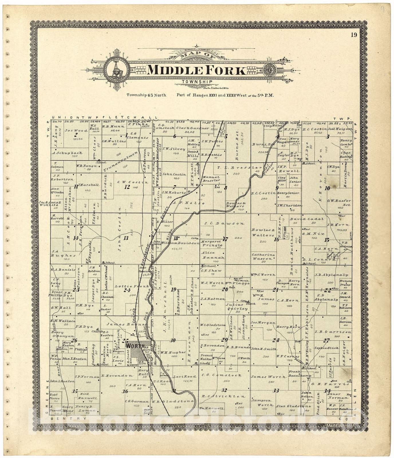 Historic 1902 Map - Standard Atlas of Worth County, Missouri - Map of Middle Fork Township