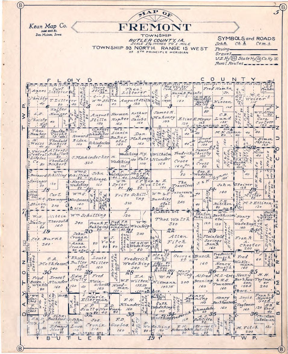 Historic 1930 Map - Atlas of Butler County, Iowa. - Map of Fremont Township Butler County, Iowa