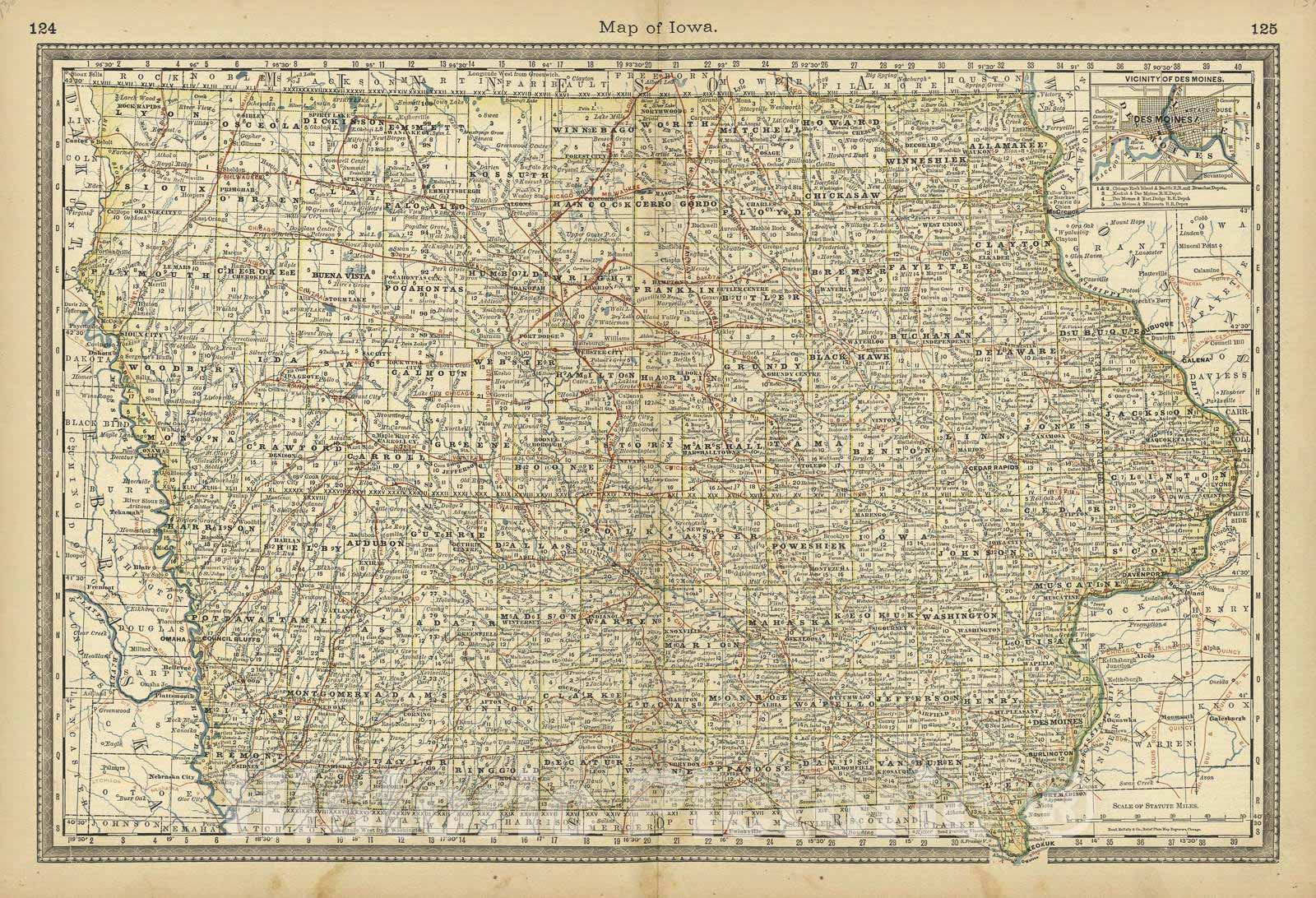 Historic 1882 Map - Historical Hand-Atlas, Illustrated - Map of Iowa - Historical Hand Atlas, Illustrated, General & Local