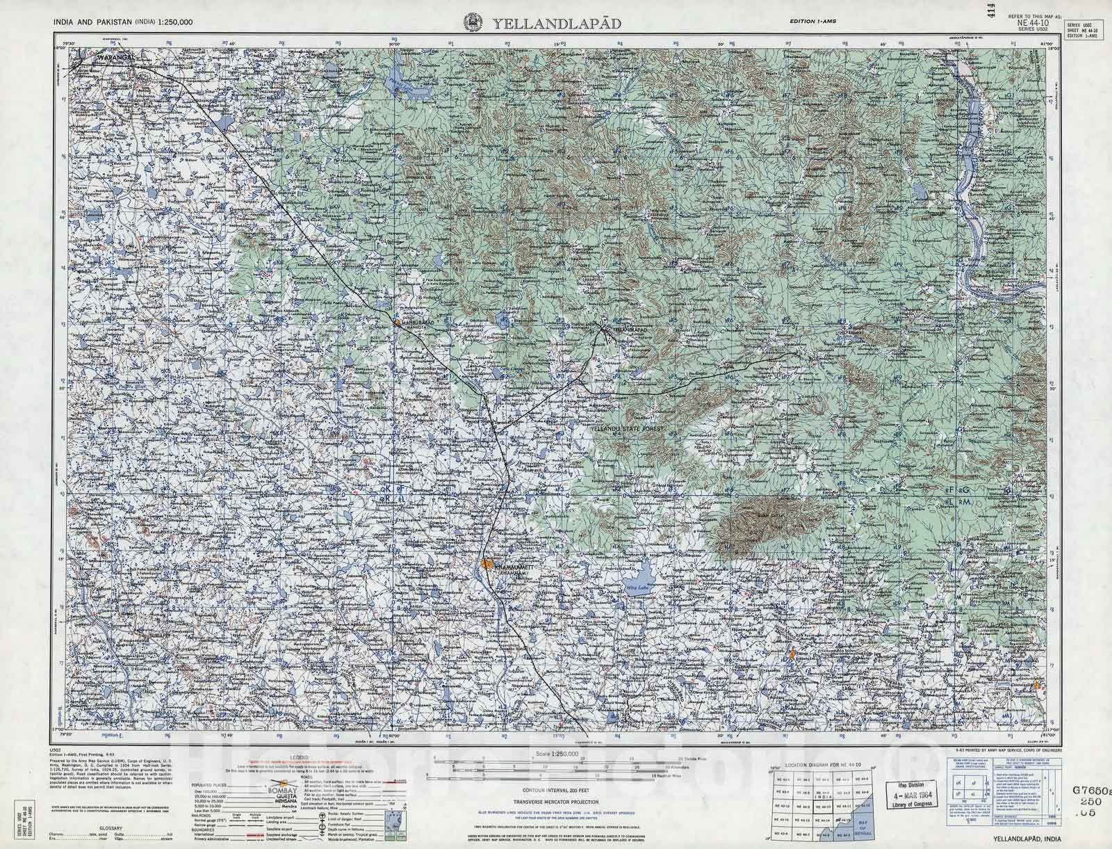 Historic 1955 Map - India and Pakistan 1:250,000. - Yellandlapad, 1963