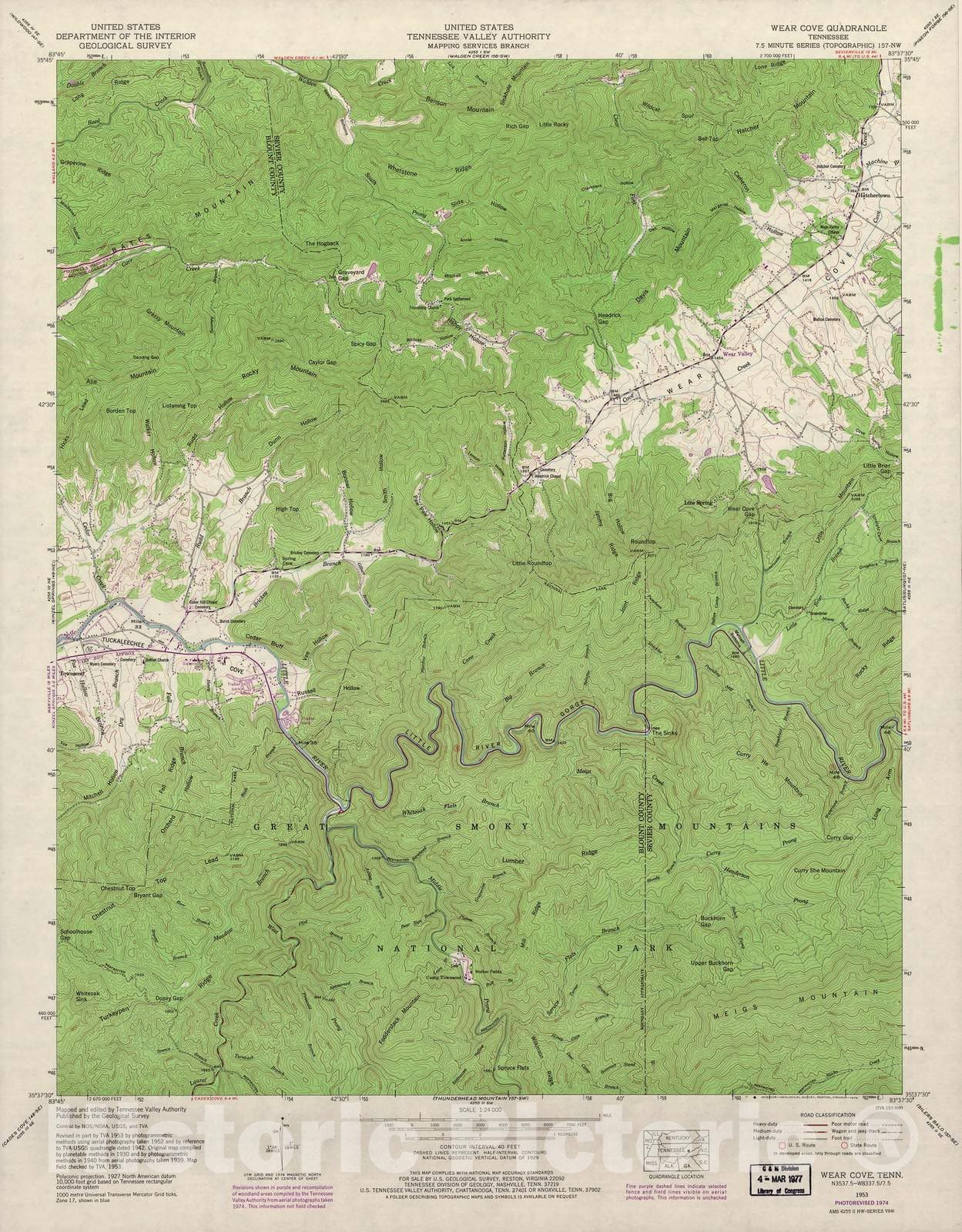 Historic 1935 Map - Tennessee. - Scale 1:24,000 (1974) - Wear Cove
