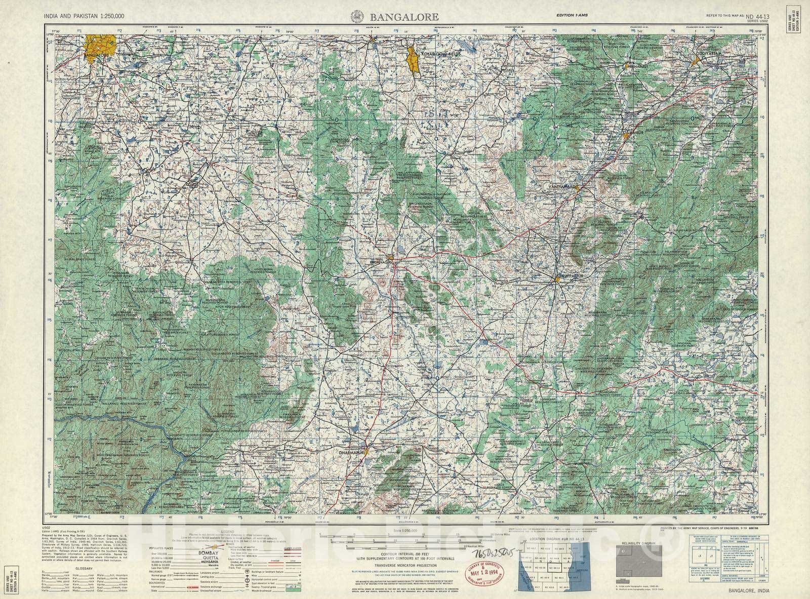 Historic 1955 Map - India and Pakistan 1:250,000. - Bangalore, 1959