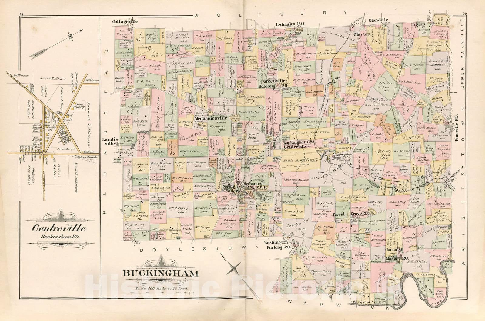 Historic 1891 Map - Atlas of Bucks Co, Penna. - Buckingham - Atlas of Bucks County, Pennsylvania