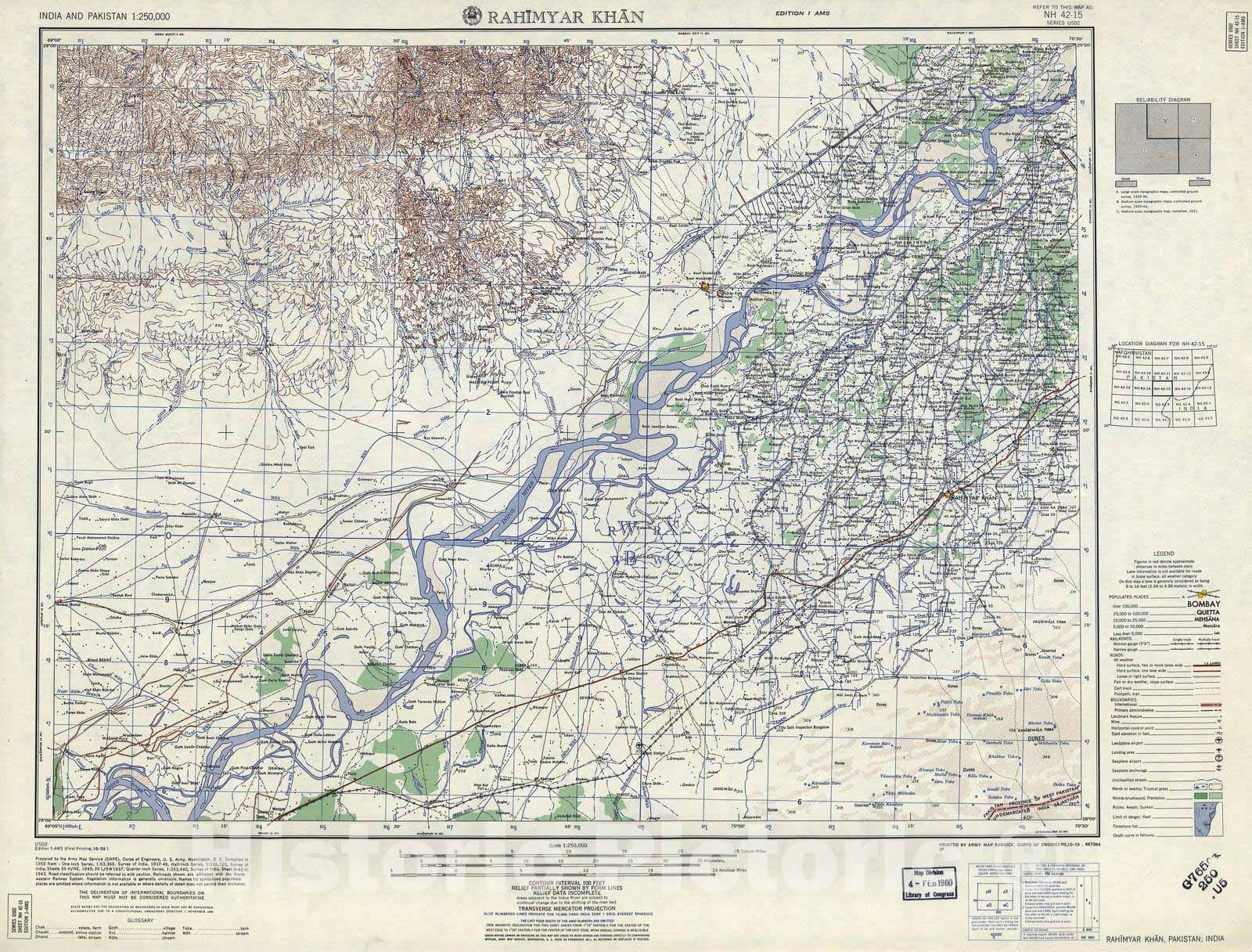Historic 1955 Map - India and Pakistan 1:250,000. - Rahimyar Khan,Pakistan,India 1959