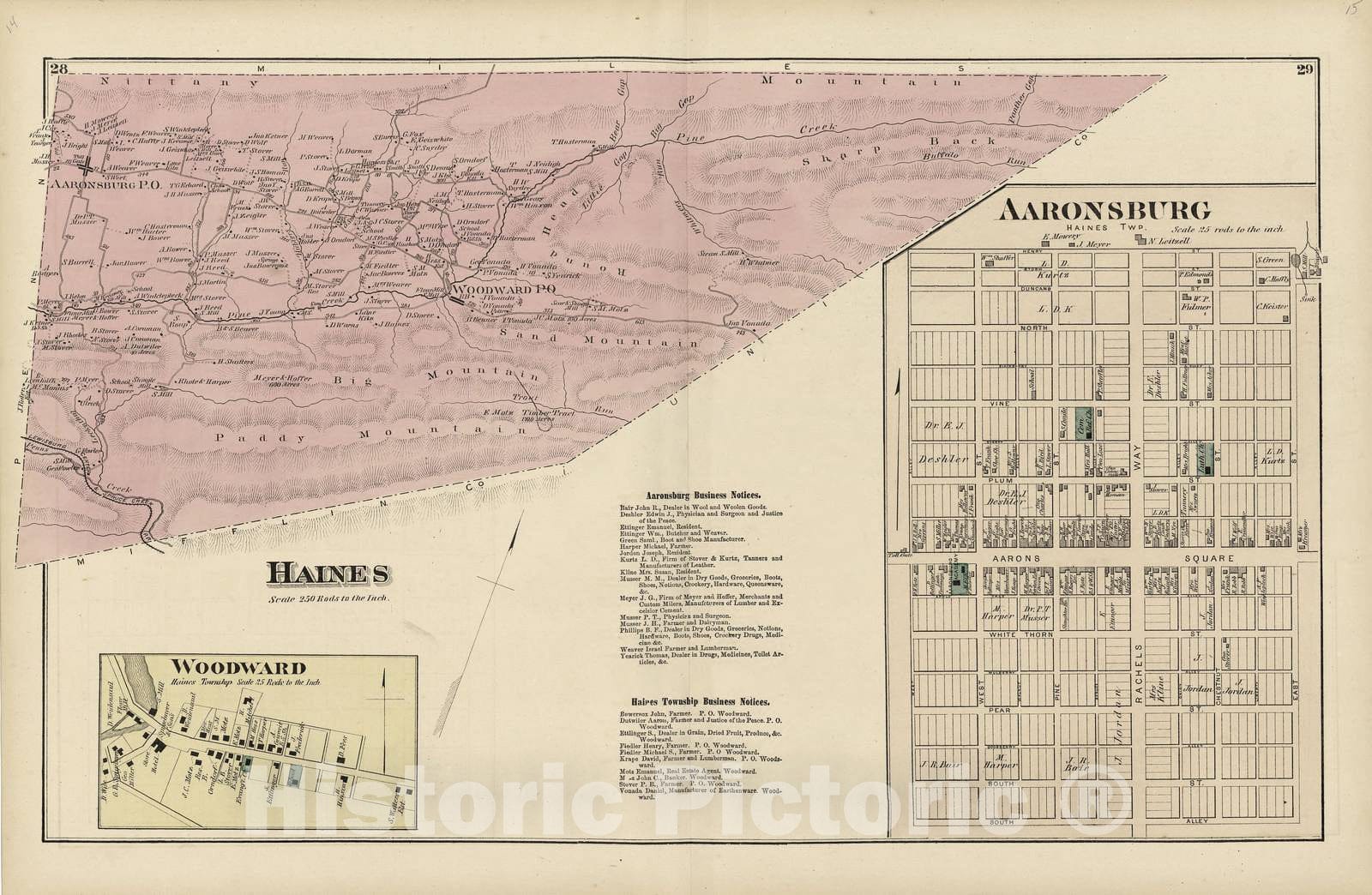 Historic 1874 Map - Atlas of Centre County, Pennsylvania - Haines; Aaronsburg; Woodward