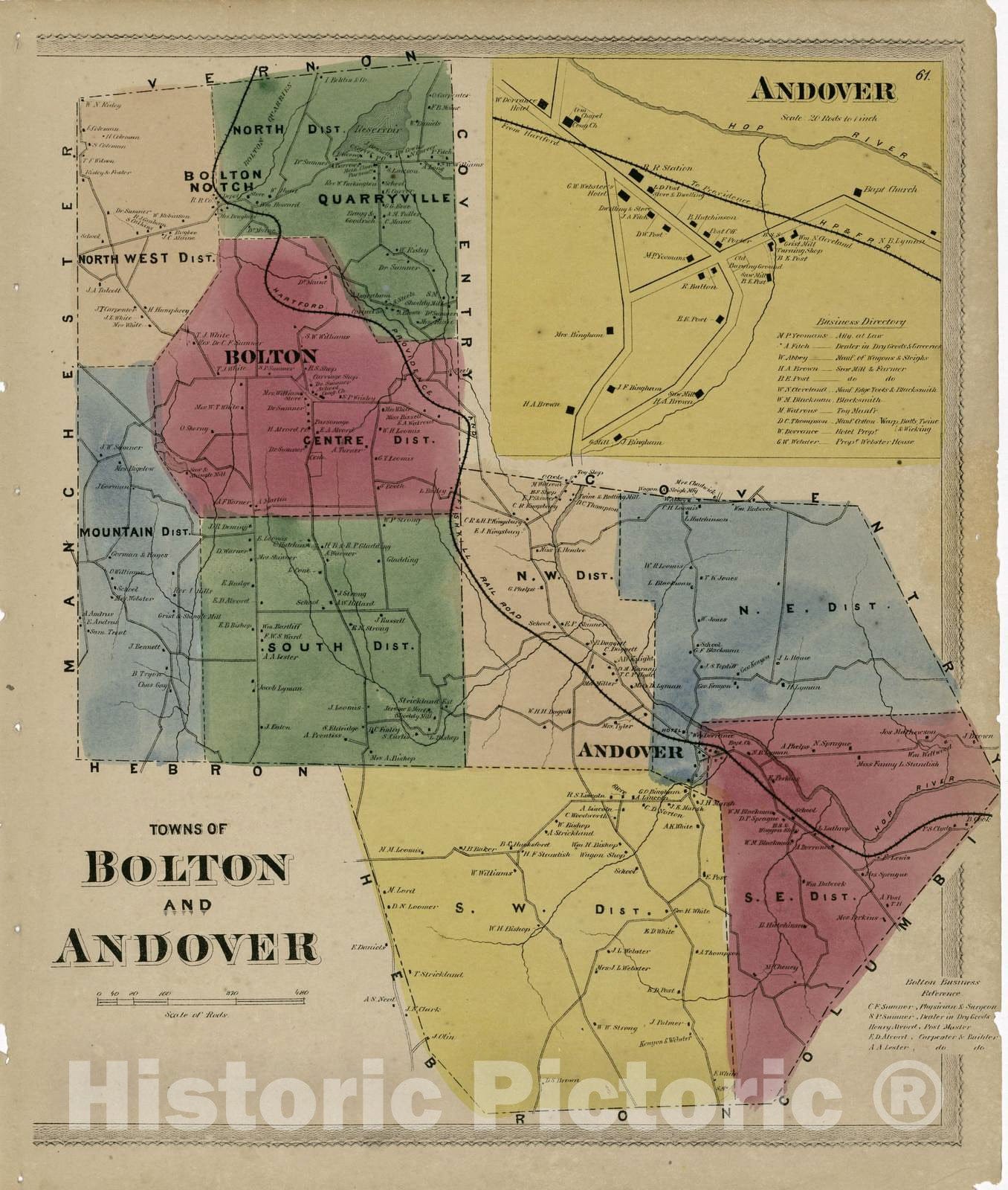 Historic 1869 Map - Atlas of Hartford and Tolland Counties - Towns of Bolton and Andover - Atlas of Hartford and Tolland Counties, Conn.