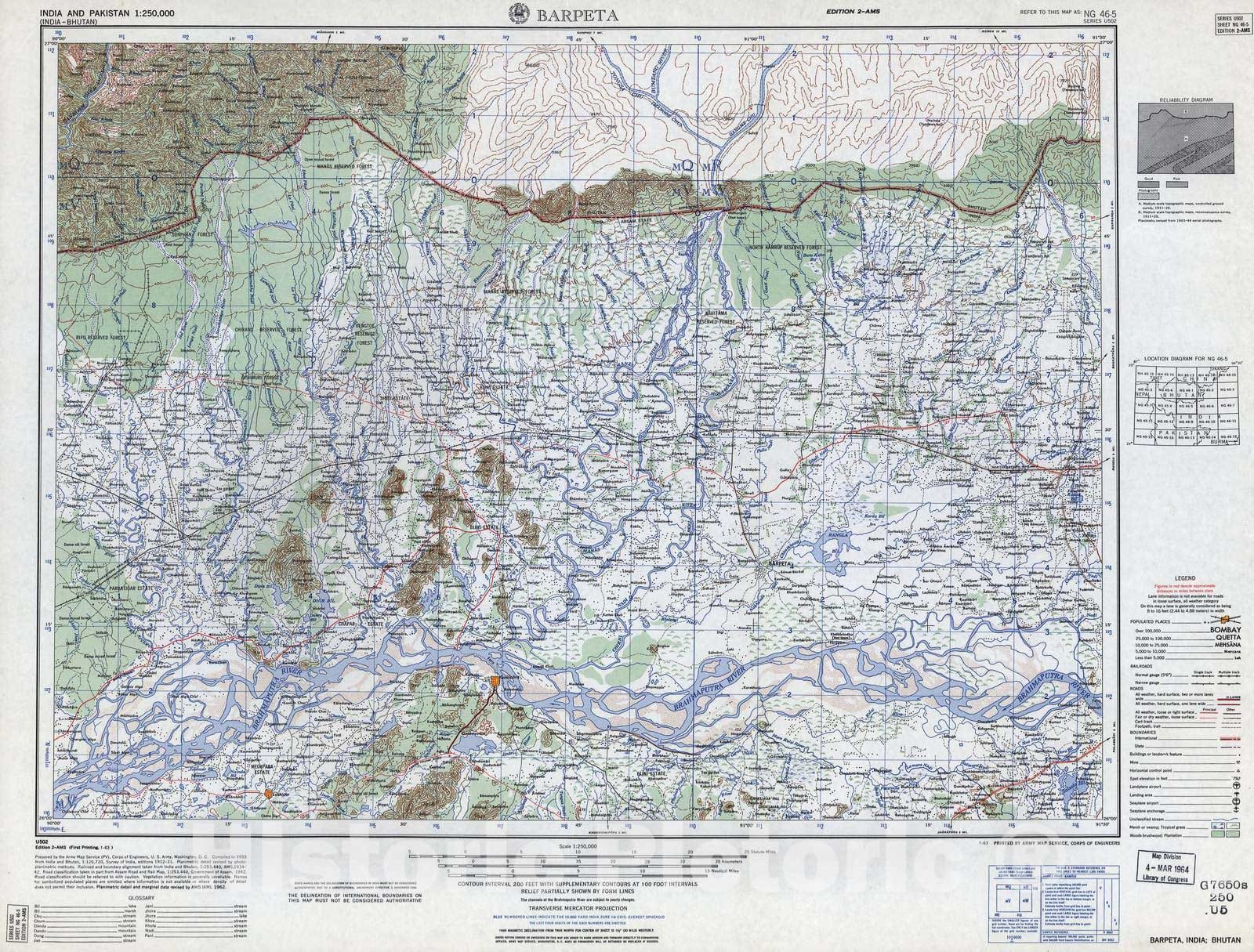 Historic 1955 Map - India and Pakistan 1:250,000. - Barpeta, India, Bhutan 1963